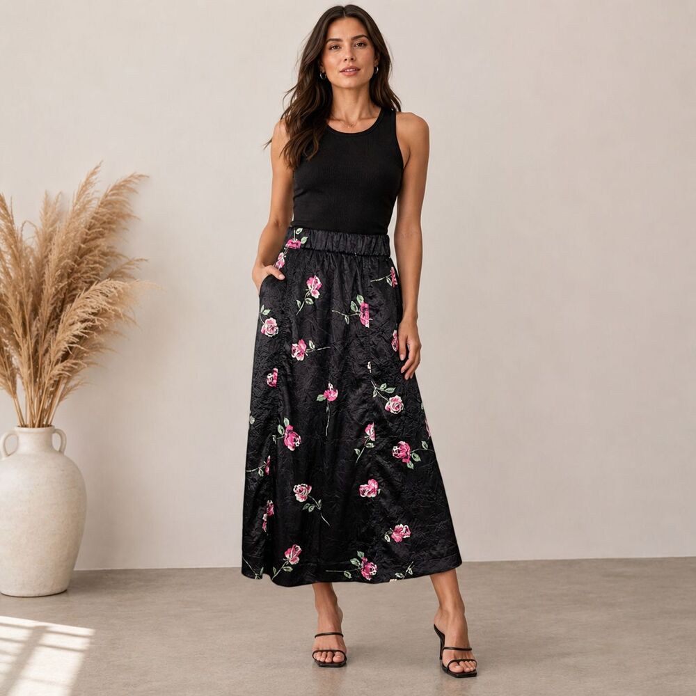 GANNI Crinkled Satin Midi Skirt 36 US 4 Black Pink Rose Floral Elastic Waist